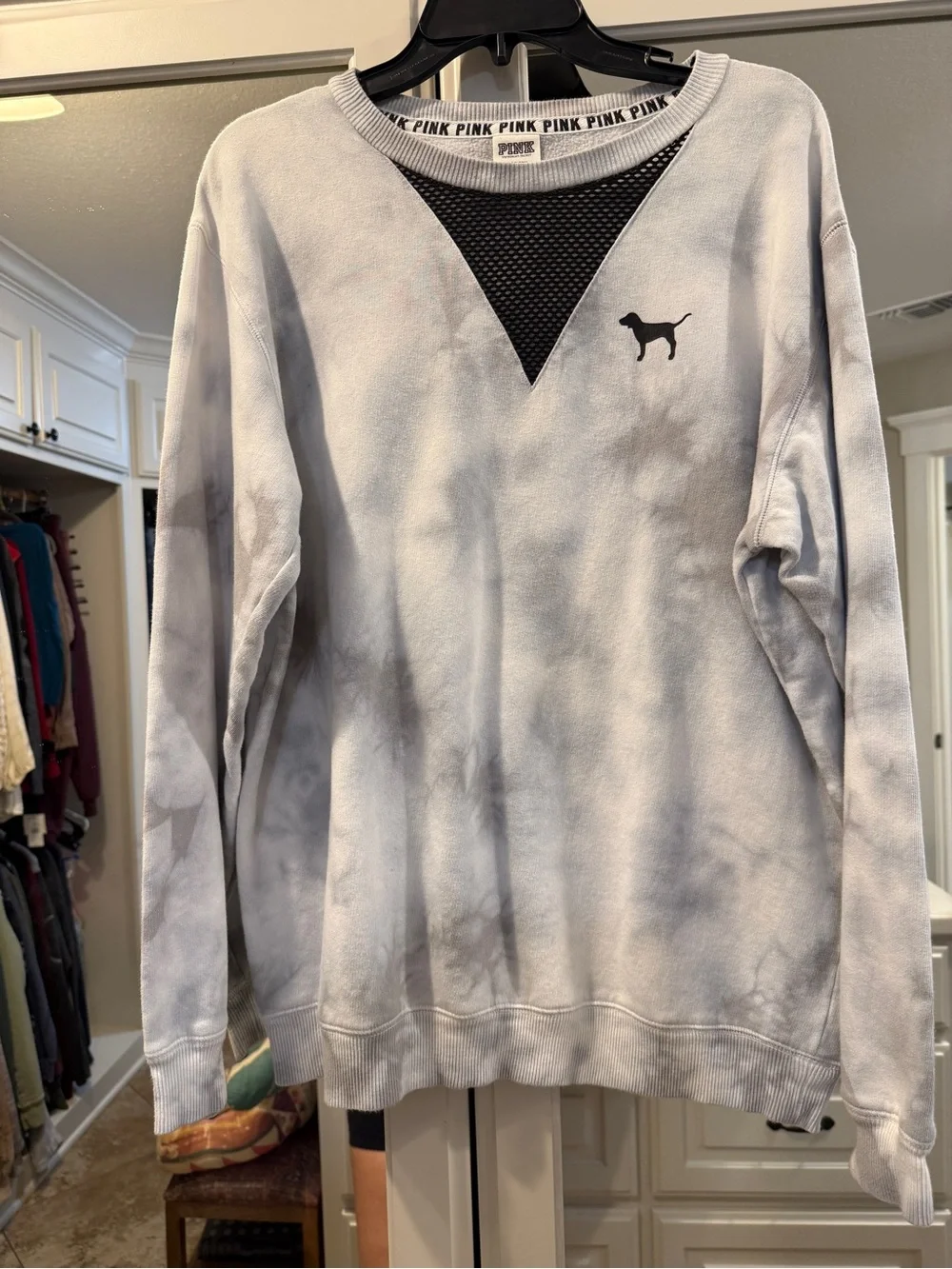 Victoria's Secret PINK Light Gray Tie-Dye Crewneck with Black Mesh V-Inset